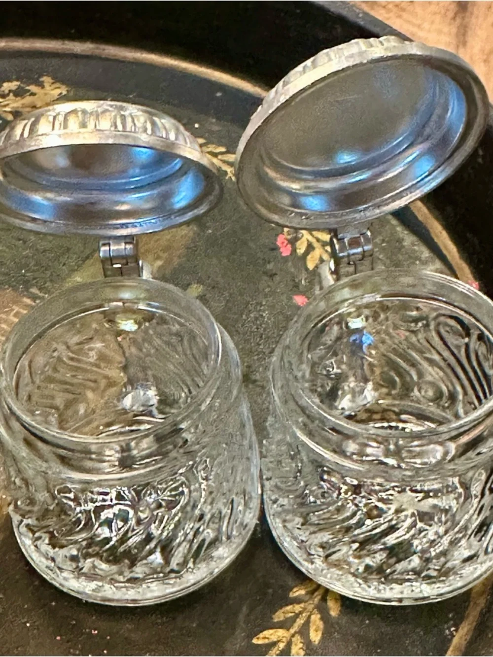 2 Vintage BMF Mini Glass Beer Steins W Germany Glass Pewter Lid Pair